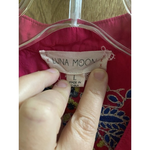 Luna Moon Hot Pink Boho Tunic Floral Embroidered Blouse Half Button Light Size L - Picture 3 of 16